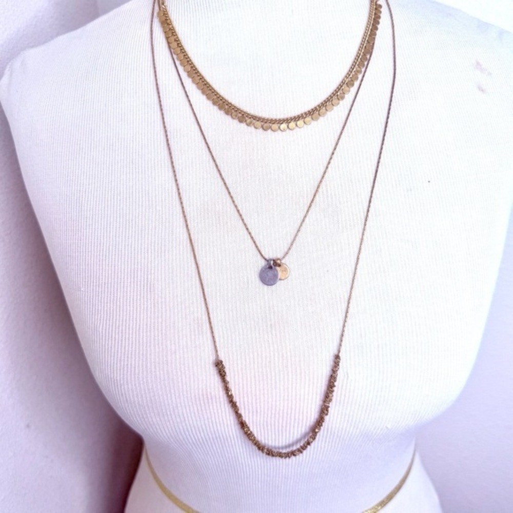 Madewell Necklace Gold-Toned Layered Disk Charm Textured Chain Dainty Bohemian